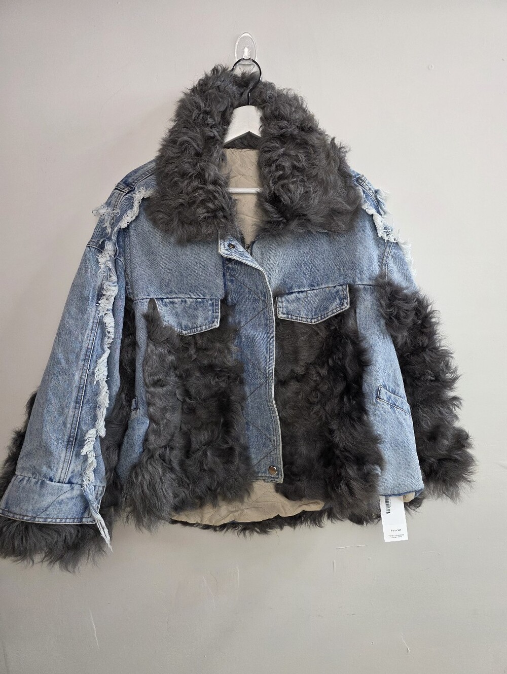 Denim Jacket with Gray Genuine Fur - Women's Coat